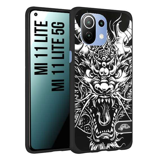 CUSTOMIZZA - Custodia cover nera morbida in tpu compatibile per Xiaomi Mi 11 Lite / Mi 11 Lite 5G drago black and white bianco a rilievo disegnato tattoo tatuaggio