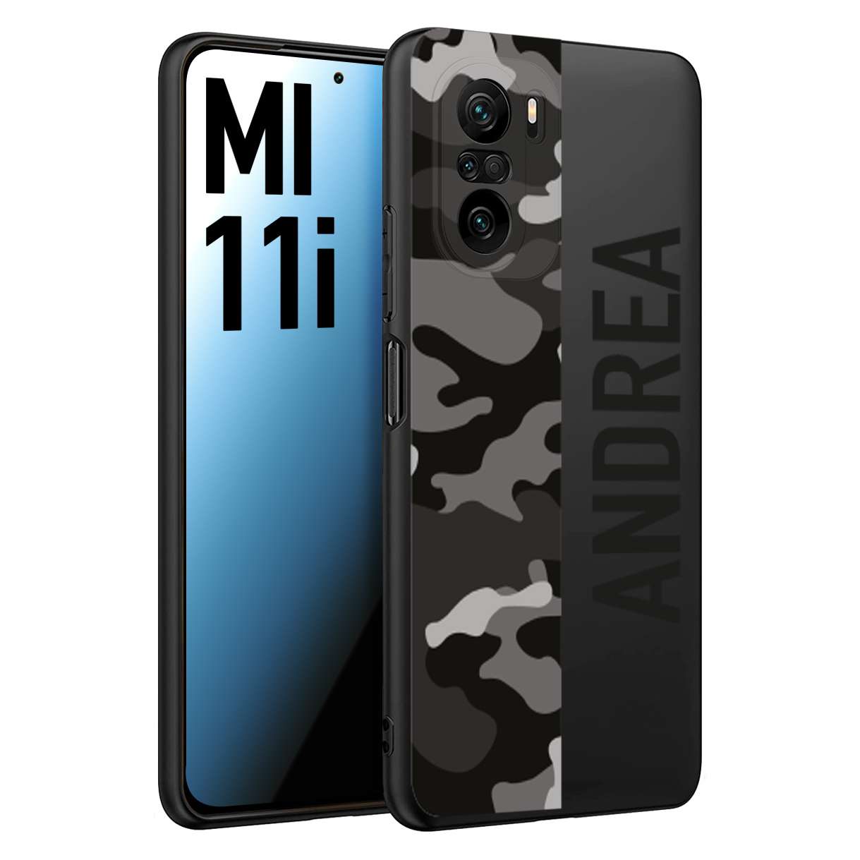 CUSTOMIZZA - Custodia cover nera morbida in tpu compatibile per Xiaomi Mi 11i camouflage mimetico militare personalizzata nome