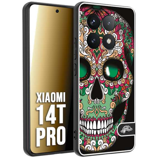 CUSTOMIZZA - Custodia cover nera morbida in tpu compatibile per Xiaomi 14T PRO teschio messicano Mexican skull verde fucsia
