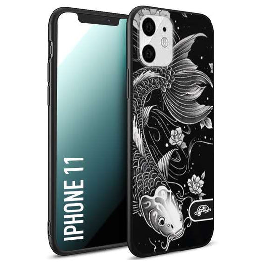 CUSTOMIZZA - Custodia cover nera morbida in tpu compatibile per iPhone 11 carpa koi black and white bianco a rilievo disegnato tattoo tatuaggio