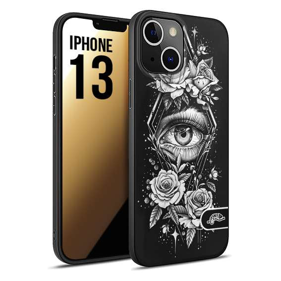 CUSTOMIZZA - Custodia cover nera morbida in tpu compatibile per iPhone 13 occhio fiori rombo geometrico black and white bianco a rilievo disegnato tattoo tatuaggio