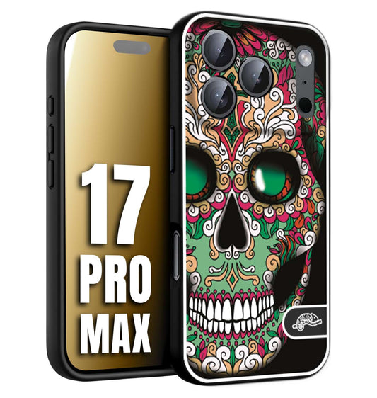 CUSTOMIZZA - Custodia cover nera morbida in tpu compatibile per iPhone 17 PRO MAX teschio messicano Mexican skull verde fucsia
