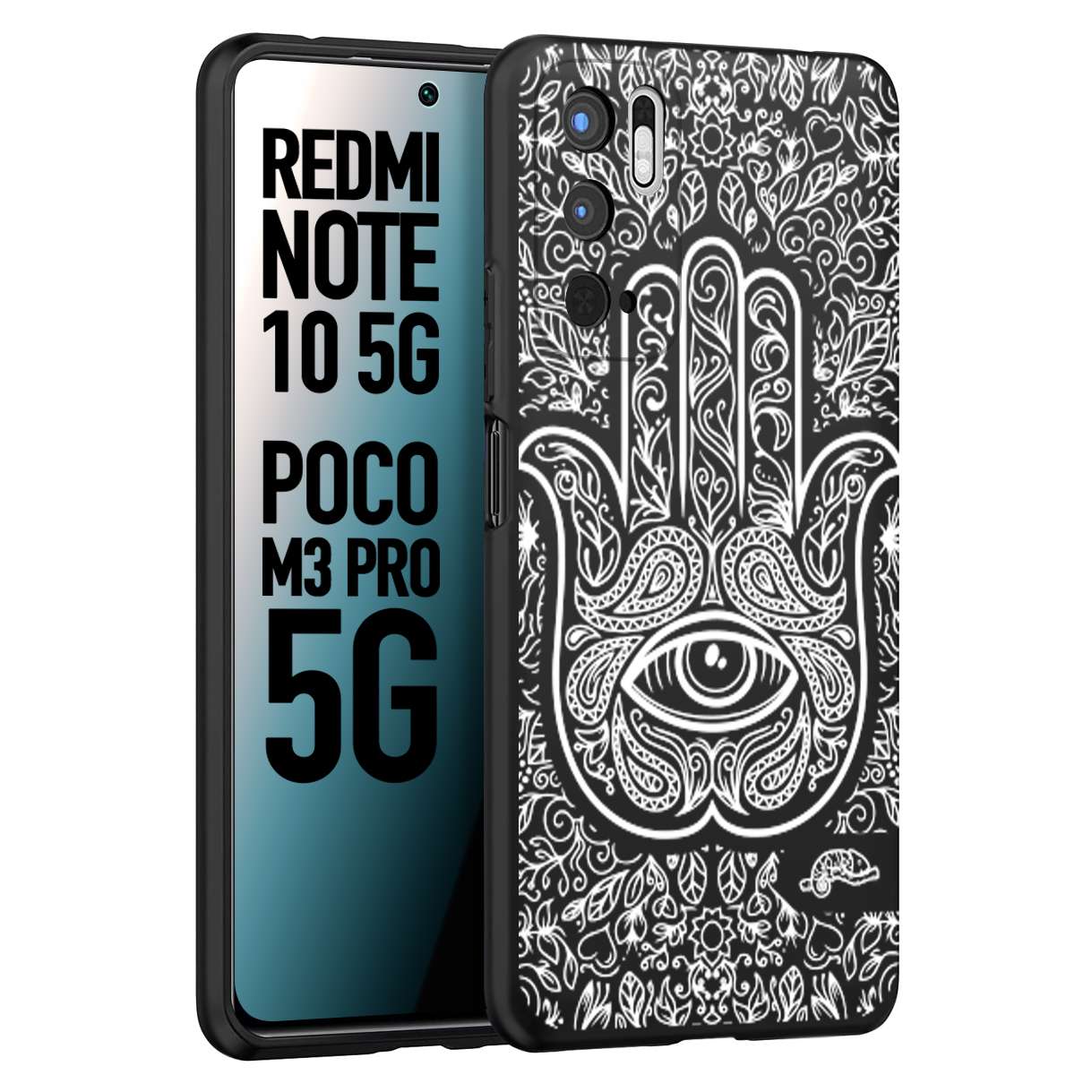 CUSTOMIZZA - Custodia cover nera morbida in tpu compatibile per Xiaomi Redmi Note 10 5G - Poco M3 Pro 5G mano di fatima effetto rilievo mandala donna