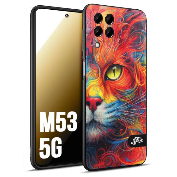 CUSTOMIZZA - Custodia cover nera morbida in tpu compatibile per Samsung M53 5G animali color cat gatto viso colori vibranti disegnato schizzo