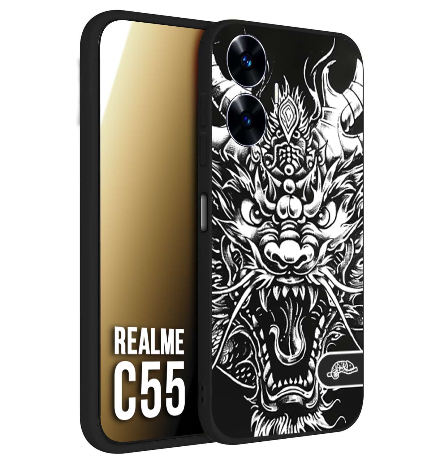 CUSTOMIZZA - Custodia cover nera morbida in tpu compatibile per Realme C55 drago black and white bianco a rilievo disegnato tattoo tatuaggio