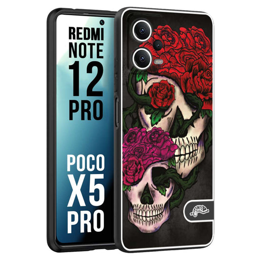 CUSTOMIZZA - Custodia cover nera morbida in tpu compatibile per Xiaomi Redmi Note 12 PRO - POCO X5 PRO teschi e rose rosse fucsia skull and roses