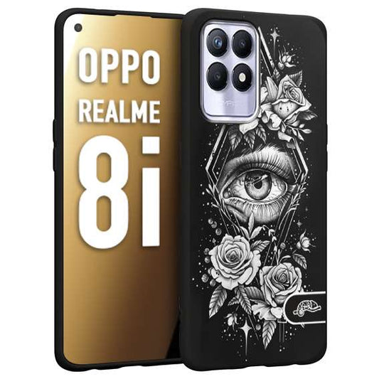 CUSTOMIZZA - Custodia cover nera morbida in tpu compatibile per Oppo Realme 8i occhio fiori rombo geometrico black and white bianco a rilievo disegnato tattoo tatuaggio