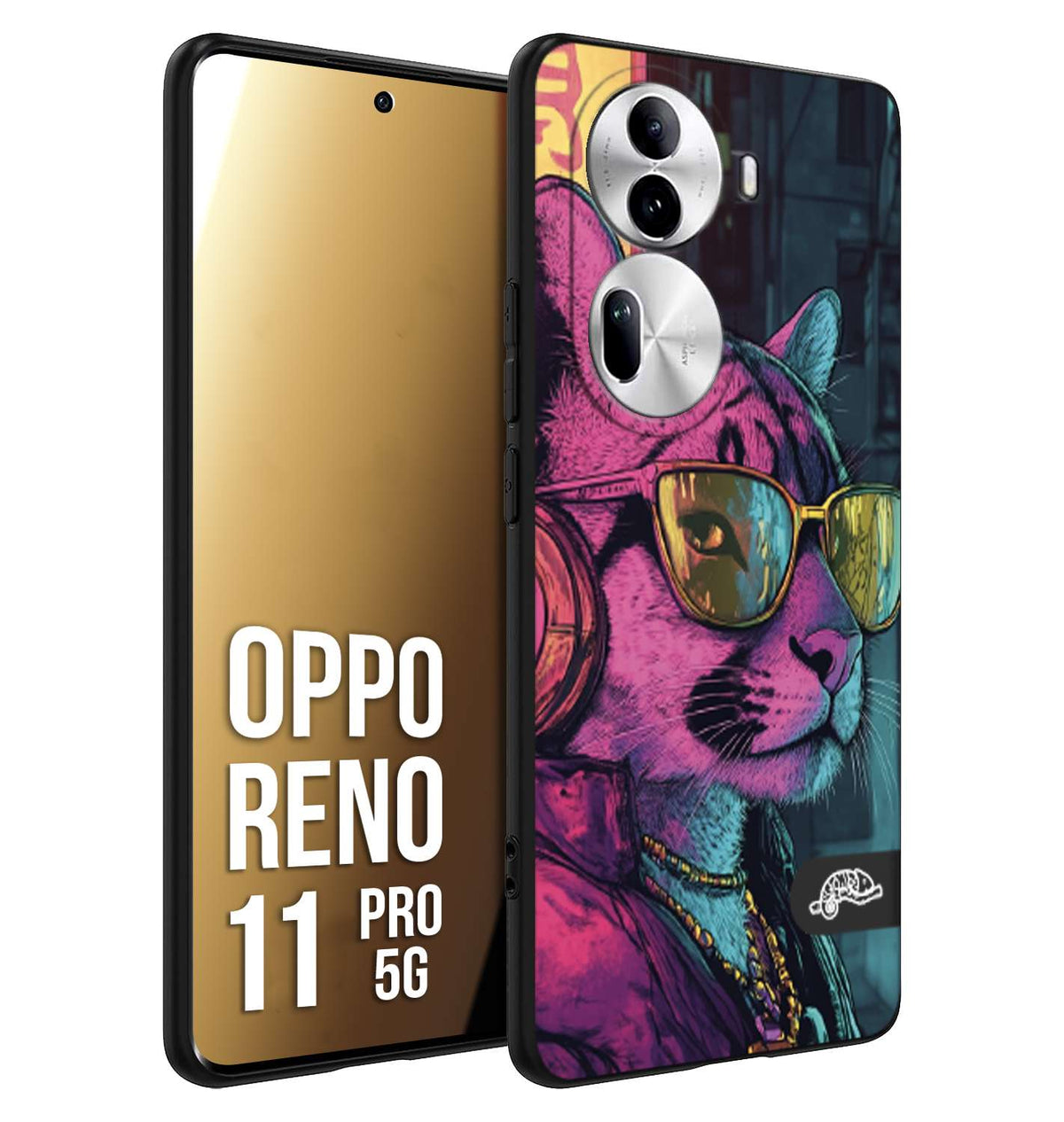 CUSTOMIZZA - Custodia cover nera morbida in tpu compatibile per Oppo Reno 11 PRO 5G animali cyberpunk pantera street cat fucsia blu giallo