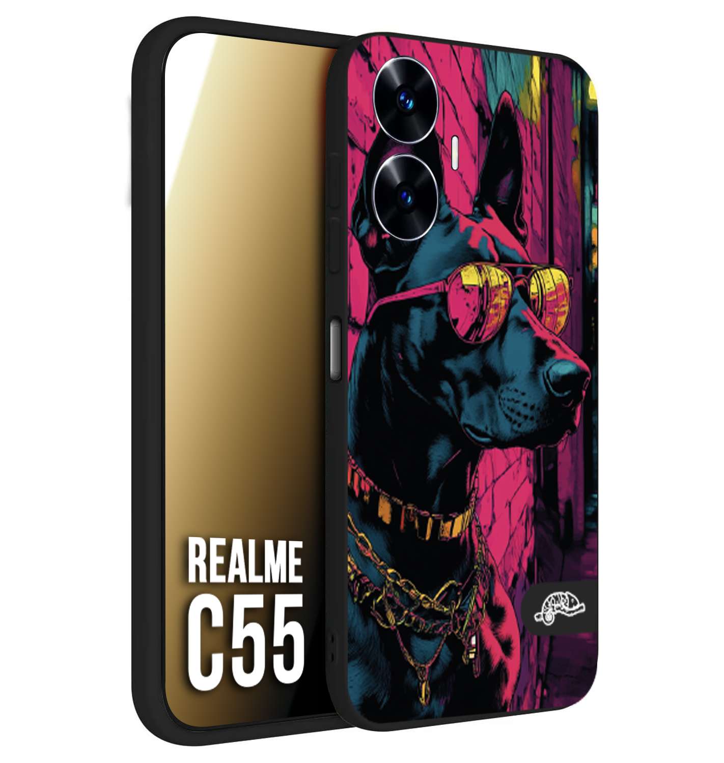 CUSTOMIZZA - Custodia cover nera morbida in tpu compatibile per Realme C55 animali cyberpunk dobermann cane street dog fucsia blu