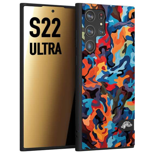 CUSTOMIZZA - Custodia cover nera morbida in tpu compatibile per Samsung S22 ULTRA camouflage mimetico militare moderno blu arancio rosso