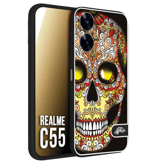 CUSTOMIZZA - Custodia cover nera morbida in tpu compatibile per Oppo C55 teschio messicano Mexican skull giallo rosso arancio