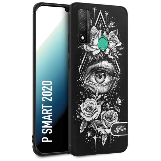 CUSTOMIZZA - Custodia cover nera morbida in tpu compatibile per Huawei P Smart 2020 occhio fiori rombo geometrico black and white bianco a rilievo disegnato tattoo tatuaggio