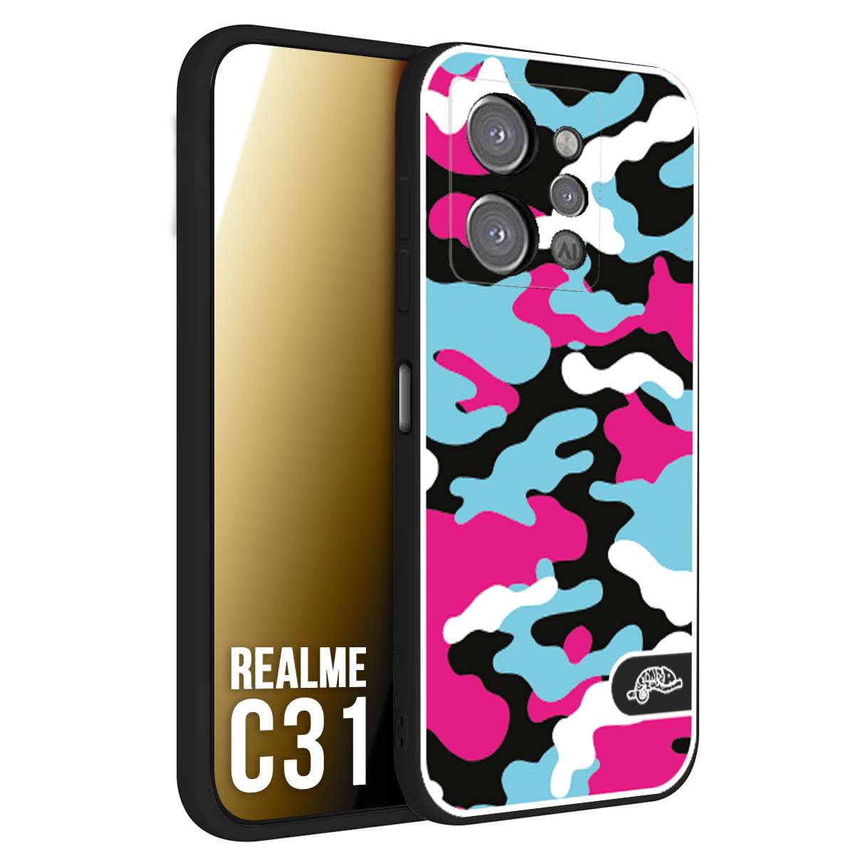 CUSTOMIZZA - Custodia cover nera morbida in tpu compatibile per Oppo Realme C31 camouflage mimetico militare fucsia celeste