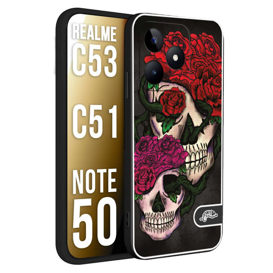 CUSTOMIZZA - Custodia cover nera morbida in tpu compatibile per Oppo Realme C53 - C51 - NOTE 50 teschi e rose rosse fucsia skull and roses