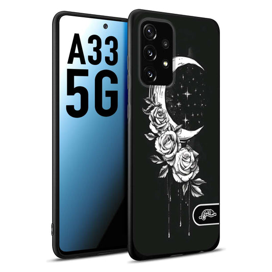 CUSTOMIZZA - Custodia cover nera morbida in tpu compatibile per Samsung A33 5G luna e fiori moon flowers black and white bianco a rilievo disegnato