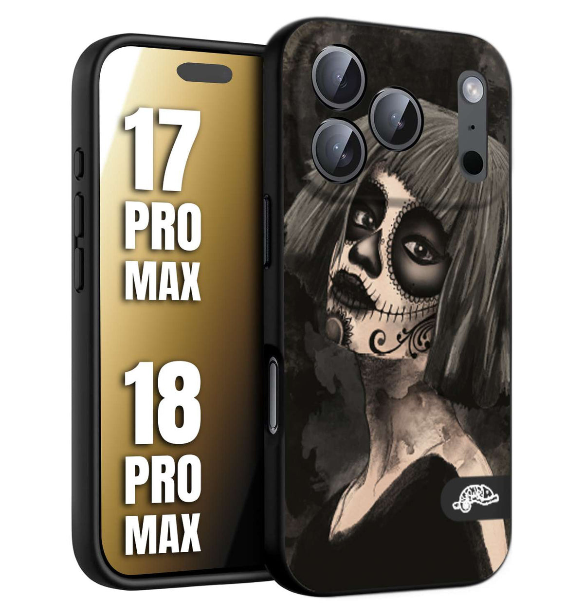 CUSTOMIZZA - Custodia cover nera morbida in tpu compatibile per iPhone 17 PRO MAX - 18 PRO MAX chicana messicana dea de la muerte donna santa tattoo disegnata