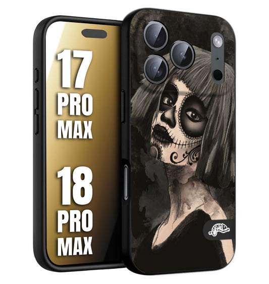 CUSTOMIZZA - Custodia cover nera morbida in tpu compatibile per iPhone 17 PRO MAX - 18 PRO MAX chicana messicana dea de la muerte donna santa tattoo disegnata