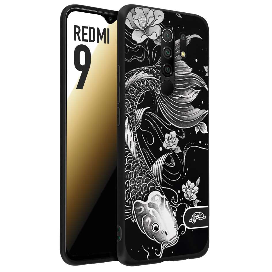 CUSTOMIZZA - Custodia cover nera morbida in tpu compatibile per Xiaomi Redmi 9 carpa koi black and white bianco a rilievo disegnato tattoo tatuaggio