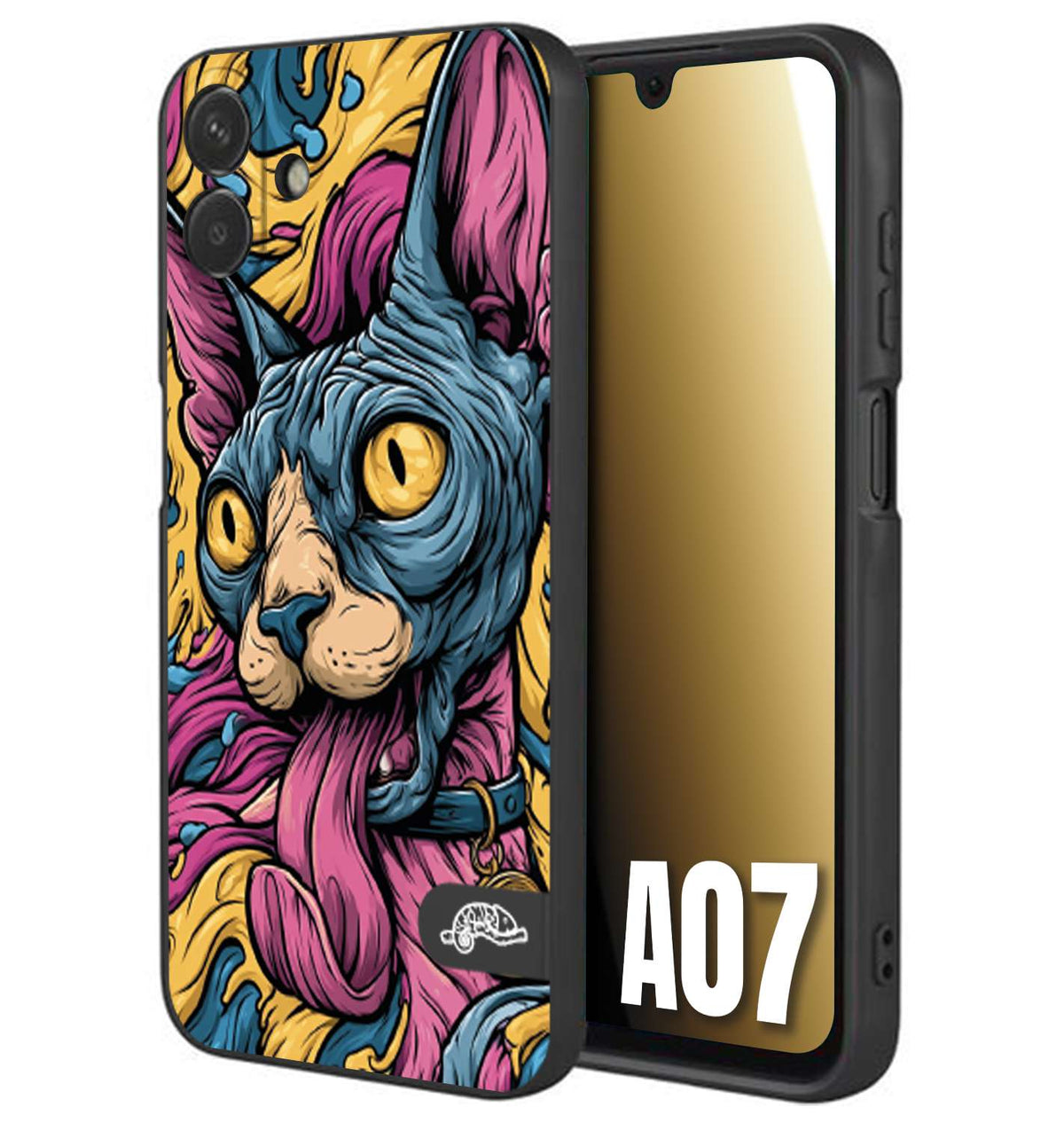 CUSTOMIZZA - Custodia cover nera morbida in tpu compatibile per Samsung A07 Sphynx Colorato Pop Art Psichedelico Gatto Blu Rosa Giallo Artistica Fantasy