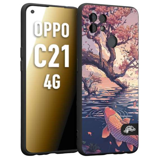 CUSTOMIZZA - Custodia cover nera morbida in tpu compatibile per Realme C21 4G giapponese lago carpa koi rosa con foglie d'acero disegnata tattoo