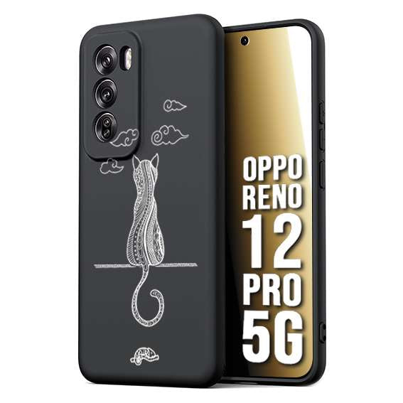 CUSTOMIZZA - Custodia cover nera morbida in tpu compatibile per Oppo Reno 12 PRO 5G gatto mandala stilizzato gattino a rilievo soft touch donna bianca
