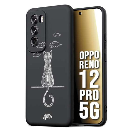 CUSTOMIZZA - Custodia cover nera morbida in tpu compatibile per Oppo Reno 12 PRO 5G gatto mandala stilizzato gattino a rilievo soft touch donna bianca
