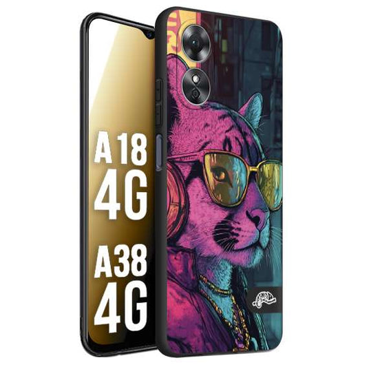 CUSTOMIZZA - Custodia cover nera morbida in tpu compatibile per Oppo A18 4G - A38 4G animali cyberpunk pantera street cat fucsia blu giallo