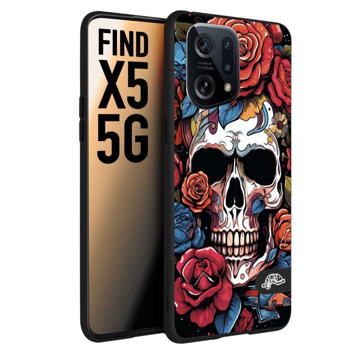CUSTOMIZZA - Custodia cover nera morbida in tpu compatibile per Oppo Find X5 teschio skull flowers fiori rose rosse tattoo disegnato