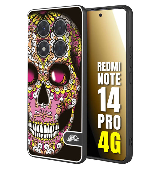 CUSTOMIZZA - Custodia cover nera morbida in tpu compatibile per Xiaomi Redmi Note 14 PRO 4G teschio messicano Mexican skull rosa gialla