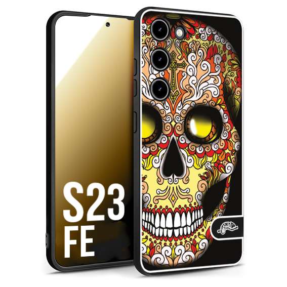 CUSTOMIZZA - Custodia cover nera morbida in tpu compatibile per Samsung S23 FE teschio messicano Mexican skull giallo rosso arancio