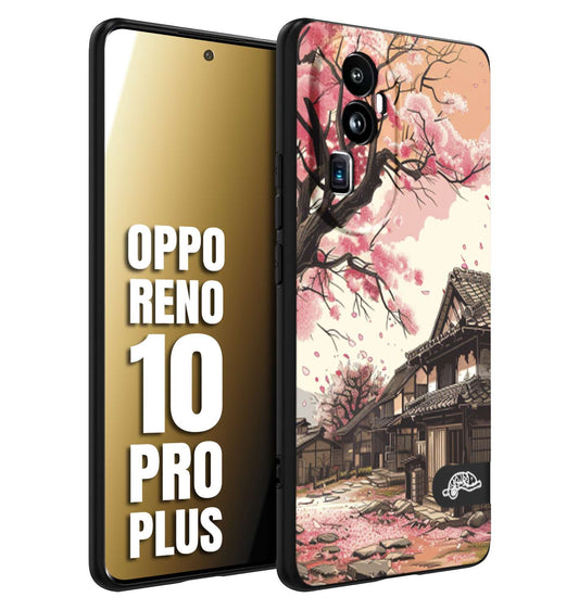 CUSTOMIZZA - Custodia cover nera morbida in tpu compatibile per Oppo Reno 10 PRO PLUS casa giapponese rosa ciliegio in fiore disegnata tattoo