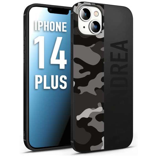 CUSTOMIZZA - Custodia cover nera morbida in tpu compatibile per iPhone 14 PLUS camouflage mimetico militare personalizzata nome