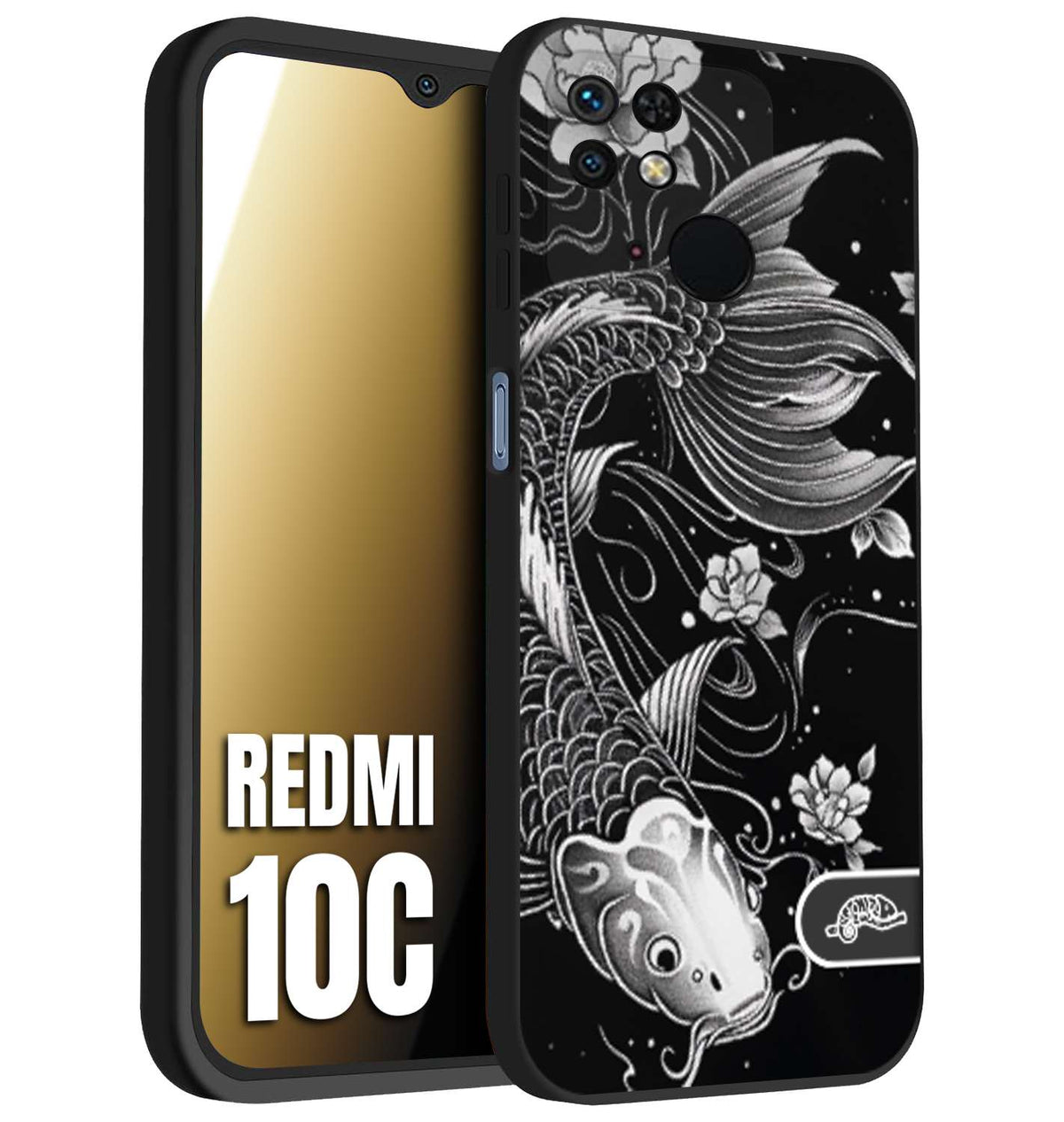 CUSTOMIZZA - Custodia cover nera morbida in tpu compatibile per Xiaomi Redmi 10C carpa koi black and white bianco a rilievo disegnato tattoo tatuaggio