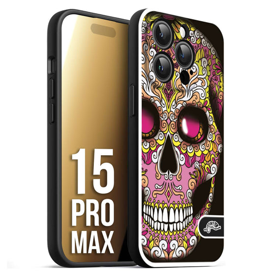 CUSTOMIZZA - Custodia cover nera morbida in tpu compatibile per iPhone 15 PRO MAX teschio messicano Mexican skull rosa gialla