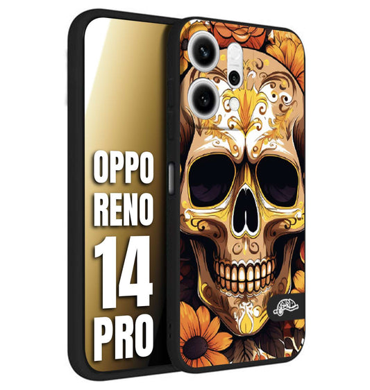 CUSTOMIZZA - Custodia cover nera morbida in tpu compatibile per Oppo Reno 14 PRO teschio messicano colorato dorato fiori tattoo disegnato