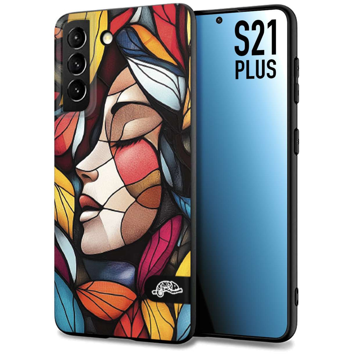 CUSTOMIZZA - Custodia cover nera morbida in tpu compatibile per Samsung S21 PLUS Vetrata artistica volto di donna profilo fogliare mosaico di vetro colorato