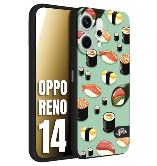 CUSTOMIZZA - Custodia cover nera morbida in tpu compatibile per Oppo Reno 14 sushi disegni giapponese nighiri acquamarina verde