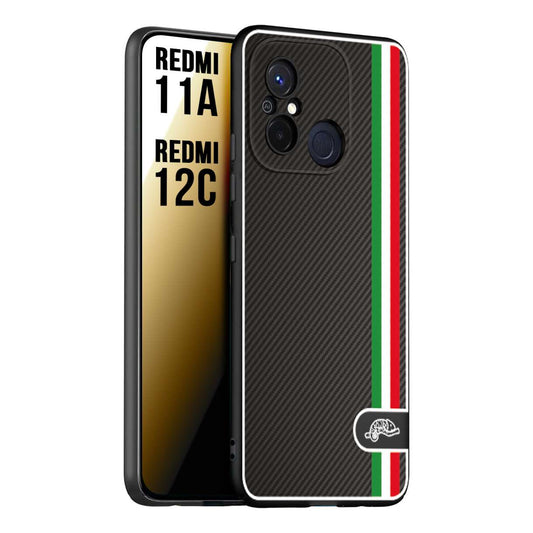 CUSTOMIZZA - Custodia cover nera morbida in tpu compatibile per Xiaomi Redmi 11A - 12C effetto fibra di carbonio bandiera Italia made in Italy