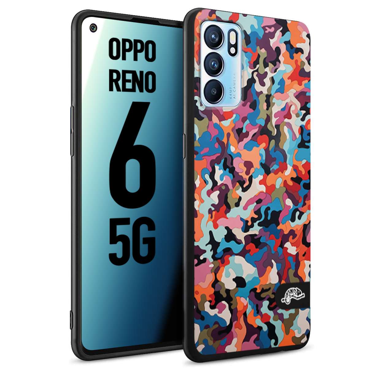 CUSTOMIZZA - Custodia cover nera morbida in tpu compatibile per Oppo Reno 6 5G camouflage mimetico militare moderno blu arancio rosa