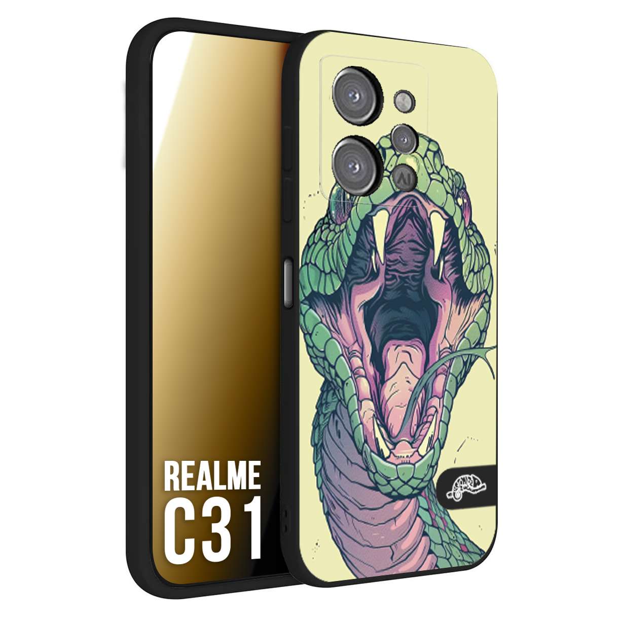 CUSTOMIZZA - Custodia cover nera morbida in tpu compatibile per Realme C31 snake yellow green serpente tatuaggio tattoo disegnato a mano