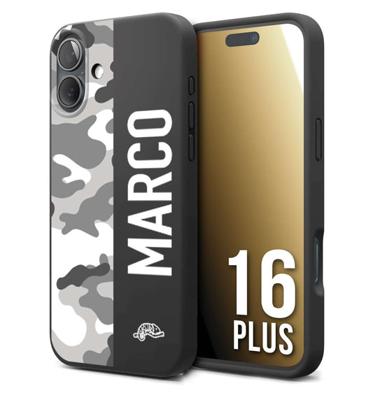 CUSTOMIZZA - Custodia cover nera morbida in tpu compatibile per iPhone 16 PLUS camouflage mimetico militare personalizzata nome bianco