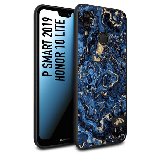 CUSTOMIZZA - Custodia cover nera morbida in tpu compatibile per Huawei P Smart 2019 effetto marmo marble blu venature dorato psichedelico