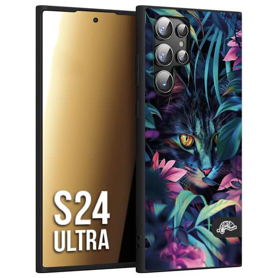 CUSTOMIZZA - Custodia cover nera morbida in tpu compatibile per Samsung S24 ULTRA animali color giungla tropicale occhio di gatto colori vibranti disegnato