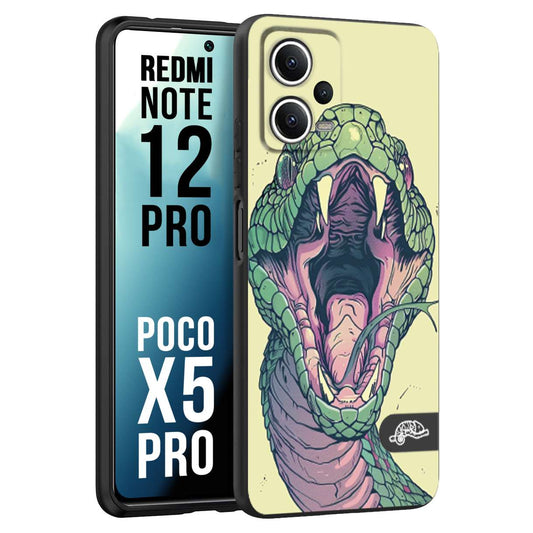 CUSTOMIZZA - Custodia cover nera morbida in tpu compatibile per Xiaomi Redmi Note 12 PRO - POCO X5 PRO snake yellow green serpente tatuaggio tattoo disegnato a mano