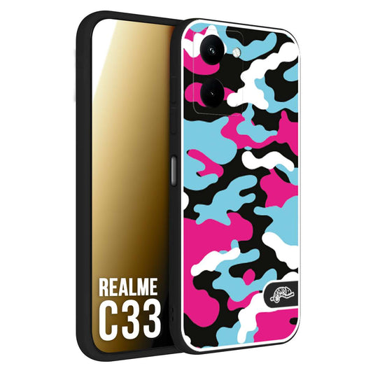 CUSTOMIZZA - Custodia cover nera morbida in tpu compatibile per Oppo Realme C33 camouflage mimetico militare fucsia celeste