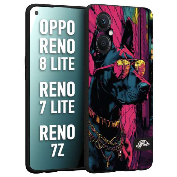 CUSTOMIZZA - Custodia cover nera morbida in tpu compatibile per Oppo Reno 7 Lite - 8 Lite - 7Z animali cyberpunk dobermann cane street dog fucsia blu