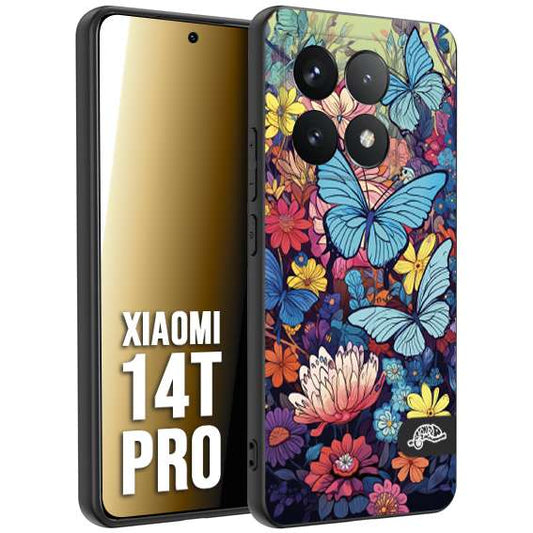CUSTOMIZZA - Custodia cover nera morbida in tpu compatibile per Xiaomi 14T PRO farfalle butterfly moderno donna disegnate gialla blu rosa