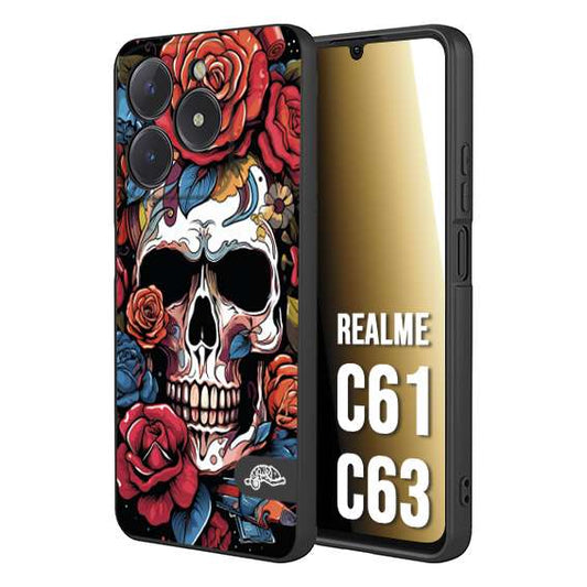 CUSTOMIZZA - Custodia cover nera morbida in tpu compatibile per Realme C61 - C63 teschio skull flowers fiori rose rosse tattoo disegnato