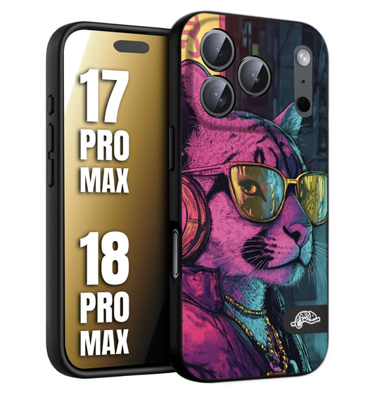 CUSTOMIZZA - Custodia cover nera morbida in tpu compatibile per iPhone 17 PRO MAX - 18 PRO MAX animali cyberpunk pantera street cat fucsia blu giallo
