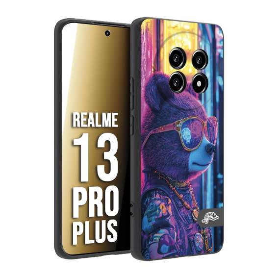 CUSTOMIZZA - Custodia cover nera morbida in tpu compatibile per Realme 13 PRO PLUS animali cyberpunk orsetto orso street bear fucsia blu night